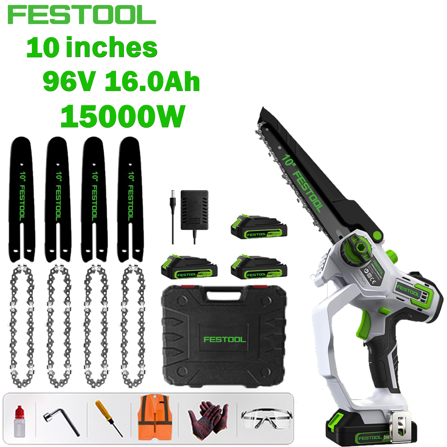 [Festool's latest brushless lithium electric saw] 10-inch basic model: 15000W brushless motor + 96V16.0Ah lithium battery * 3, one battery can be used for 124 hours + guide bar * 4 + chain * 4 + tool box + safety work equipment package (goggles, gloves, etc.) + fast charger + 10-year warranty