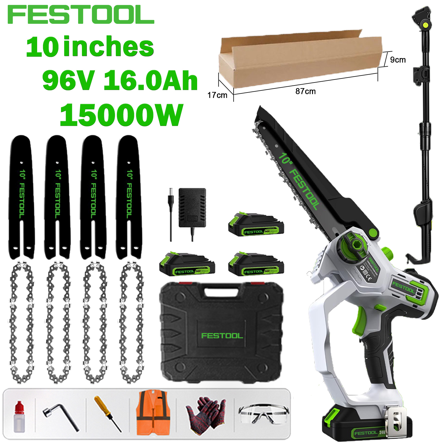 [Festool's latest brushless lithium-ion electric saw] 10-inch extension pole model: 15000W brushless motor + 96V 16.0Ah lithium battery * 3, one battery can be used for 24 hours + guide rod * 4 + chain * 4 + tool box + safety work gift bag (goggles, gloves, etc.) + fast charger + 10-year warranty + 1.5m-2.5m telescopic extension pole